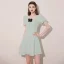 Fashion Sage Green Homecoming Short Graduation Dresses 2021 A-Line / Princess Square Neckline Rhinestone Bow Short Sleeve Formal Dresses
