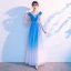 Traditional Pool Blue Gradient-Color Prom Dresses 2021 A-Line / Princess V-Neck Beading Rhinestone Sequins Short Sleeve Backless Floor-Length / Long Prom Formal Dresses