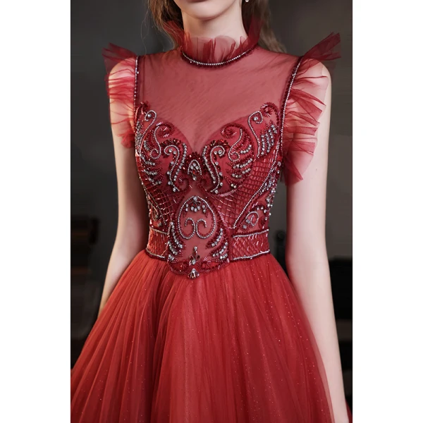High-end Burgundy Prom Dresses 2021 A-Line / Princess High Neck Handmade Beading Crystal Rhinestone Sleeveless Floor-Length / Long Prom Formal Dresses