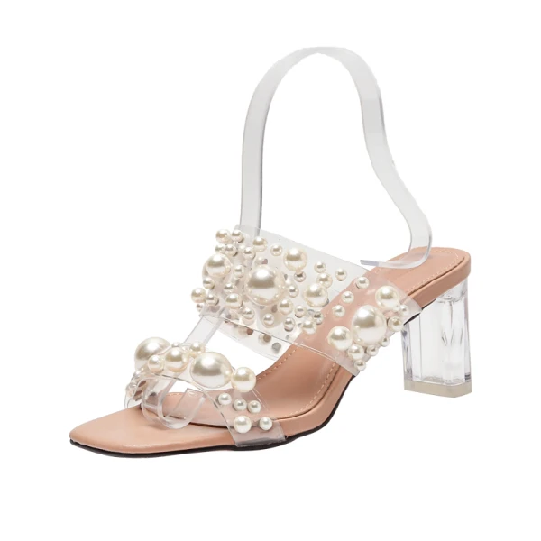 Sexy Yellow Street Wear Pearl Womens Sandals 2021 6 cm Crystal Thick Heels Open / Peep Toe Sandals High Heels