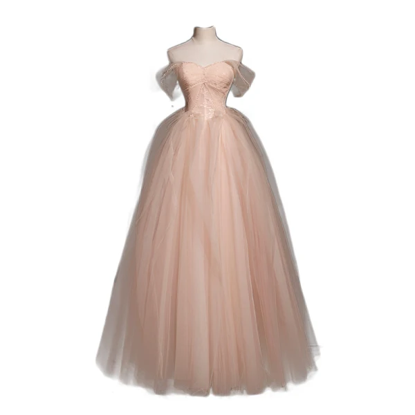Chic / Beautiful Blushing Pink Prom Dresses 2021 A-Line / Princess Off-The-Shoulder Sleeveless Backless Beading Floor-Length / Long Prom Formal Dresses