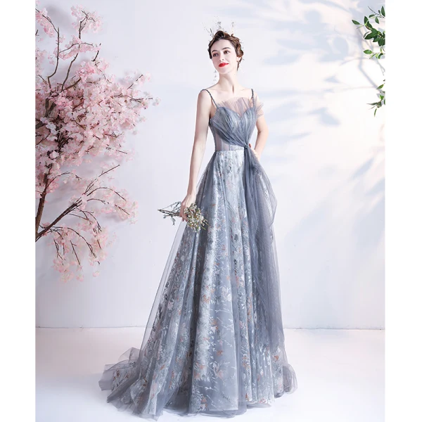 Fashion Grey Pearl Rhinestone Sequins Prom Dresses 2021 A-Line / Princess Ruffle Spaghetti Straps Sleeveless Backless Floor-Length / Long Prom Formal Dresses