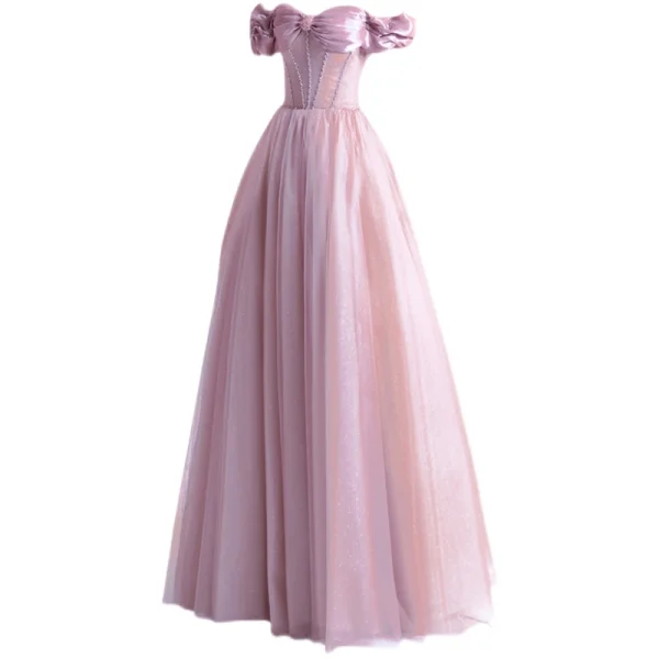 Elegant Dusky Pink Prom Dresses 2021 A-Line / Princess Off-The-Shoulder Glitter Beading Crystal Short Sleeve Backless Floor-Length / Long Prom Formal Dresses