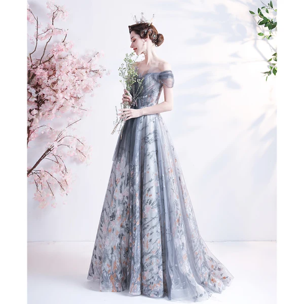Vintage / Retro Grey Prom Dresses 2021 A-Line / Princess Off-The-Shoulder Beading Crystal Sequins Sleeveless Backless Floor-Length / Long Prom Formal Dresses