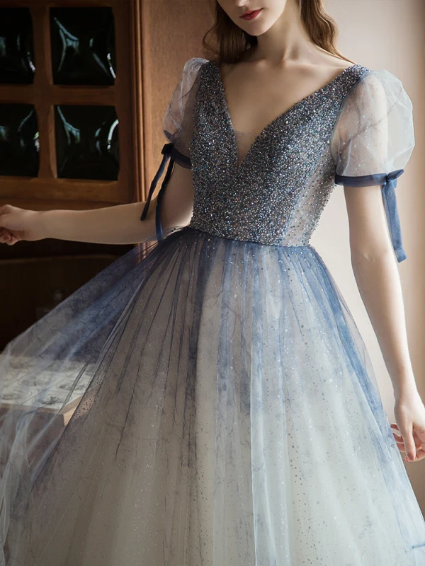 Vintage Meeresblau Handgefertigt Perlenstickerei Ballkleider 2021 A Linie V-Ausschnitt Strass Pailletten Schleife Kurze Ärmel Rückenfreies Lange Ball Festliche Kleider