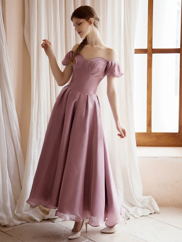 Vintage Lyserød Gallakjoler 2021 Prinsesse Off-The-Shoulder Kort Ærme Halterneck Lange Galla Kjoler