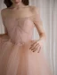 Chic / Beautiful Blushing Pink Pearl Prom Dresses 2021 A-Line / Princess Off-The-Shoulder Short Sleeve Backless Floor-Length / Long Prom Formal Dresses