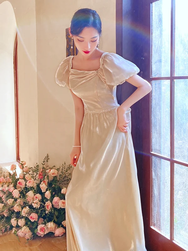 Chic / Beautiful Champagne Bow Bridesmaid Dresses 2021 A-Line / Princess Square Neckline Bell sleeves Floor-Length / Long Prom Wedding Party Dresses