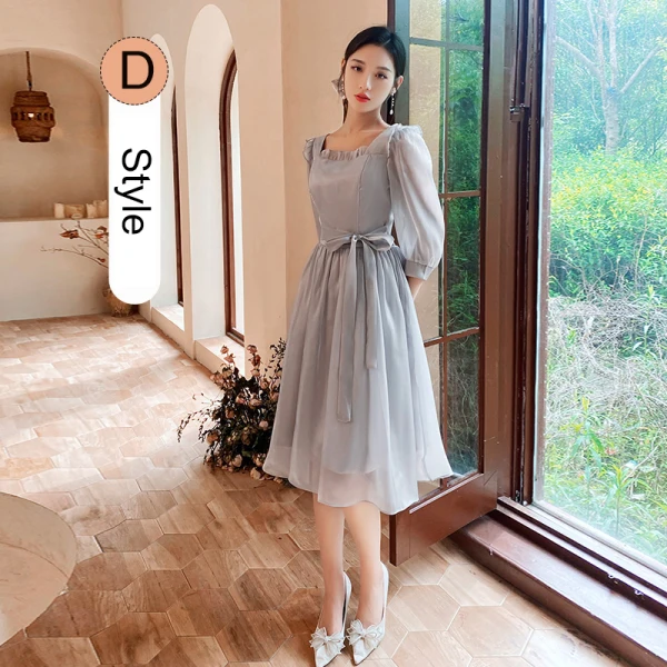 Modest / Simple Grey Bridesmaid Dresses 2021 A-Line / Princess Short Sleeve Bow Backless Tea-length Bridesmaid Wedding Party Dresses