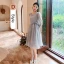 Modest / Simple Grey Bridesmaid Dresses 2021 A-Line / Princess Short Sleeve Bow Backless Tea-length Bridesmaid Wedding Party Dresses
