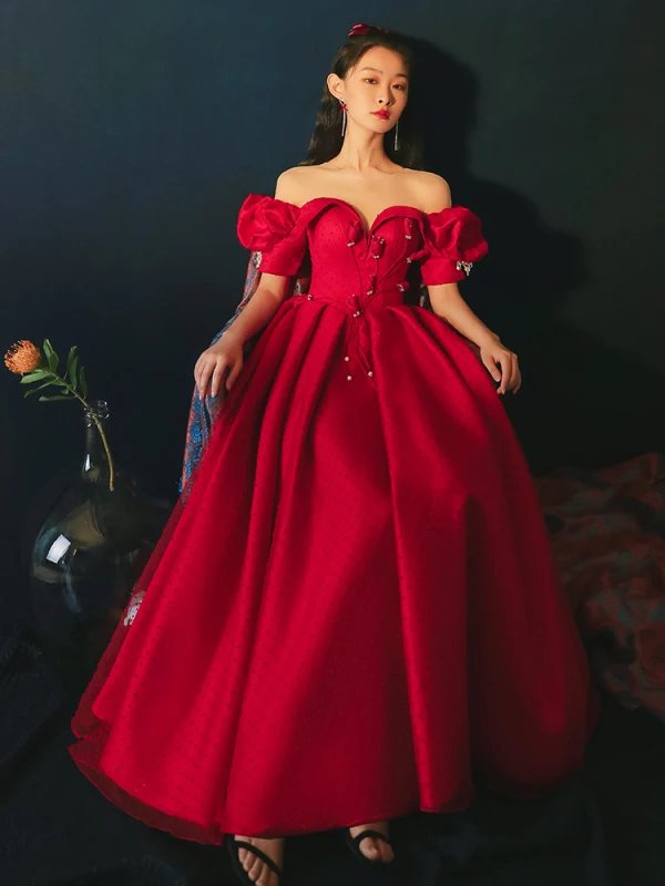Chic / Beautiful Red Prom Dresses 2021 A-Line / Princess Off-The-Shoulder Beading Pearl Short Sleeve Backless Floor-Length / Long Prom Formal Dresses