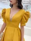 Vintage / Retro Yellow Prom Dresses 2021 A-Line / Princess V-Neck Puffy Short Sleeve Backless Bow Floor-Length / Long Prom Formal Dresses