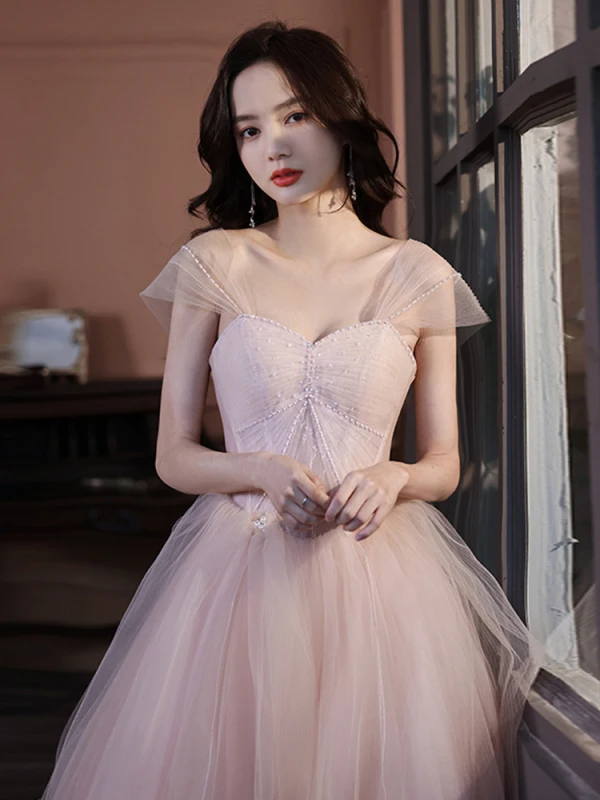 Charming Dusky Pink Prom Dresses 2021 A-Line / Princess Strapless Beading Pearl Sleeveless Backless Floor-Length / Long Prom Formal Dresses