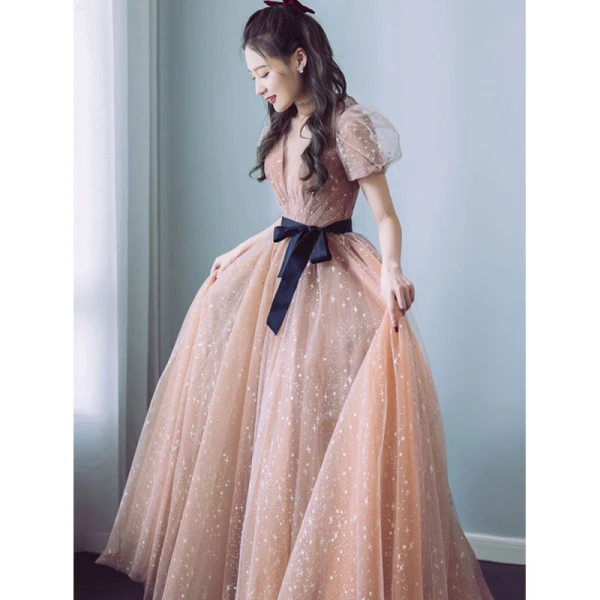 Fashion Champagne Prom Dresses 2021 A-Line / Princess High Neck Star Lace Puffy Short Sleeve Bow Floor-Length / Long Prom Formal Dresses