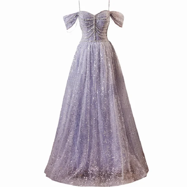 Bling Bling Lavender Beading Rhinestone Sequins Prom Dresses 2024 Ball Gown Off-The-Shoulder Short Sleeve Backless Floor-Length / Long Prom Formal Dresses