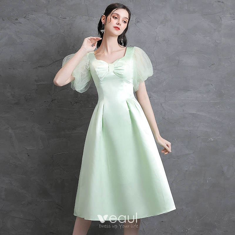 Modest Simple Sage Green Homecoming Satin Graduation Dresses 2021 A Line  Princess Square Neckline Bow Short Sleeve Tea Length Formal Dresses