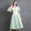 Modest / Simple Sage Green Homecoming Satin Graduation Dresses 2021 A-Line / Princess Square Neckline Bow Short Sleeve Tea-length Formal Dresses