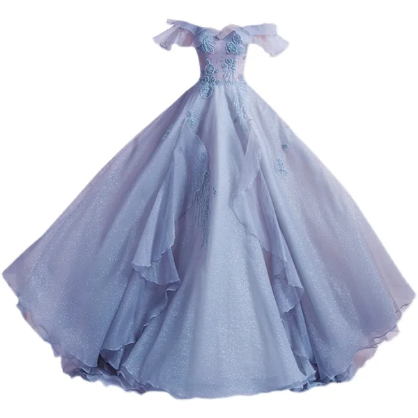 Moderne / Mode Bleu Ciel Volants en Cascade Robe De Bal Bretelles croisées 2021 Princesse De l'épaule Perlage Cristal Perle Faux Diamant Manches Courtes Dos Nu Longue Promo Robe De Ceremonie