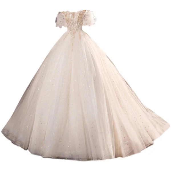 Affordable Charming Ivory Beading Pearl Sequins Wedding Dresses 2021 Ball Gown Off-The-Shoulder Ruffle Short Sleeve Backless Chapel Train Wedding