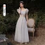 Chic / Beautiful Grey Bridesmaid Dresses 2021 A-Line / Princess Scoop Neck Lace Flower 1/2 Sleeves Backless Floor-Length / Long Bridesmaid Wedding Party Dresses