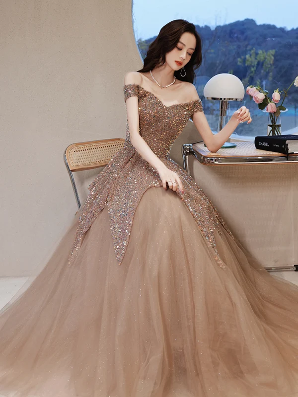 Sparkly Champagne Beading Sequins Prom Dresses 2021 A-Line / Princess Off-The-Shoulder Short Sleeve Backless Floor-Length / Long Formal Dresses