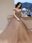 Sparkly Champagne Beading Sequins Prom Dresses 2021 A-Line / Princess Off-The-Shoulder Short Sleeve Backless Floor-Length / Long Formal Dresses