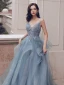 Chic / Belle Bleu Ciel Volants en Cascade Robe De Bal 2021 Princesse Bretelles Spaghetti Perlage En Dentelle Fleur Sans Manches Dos Nu Longue Promo Robe De Ceremonie