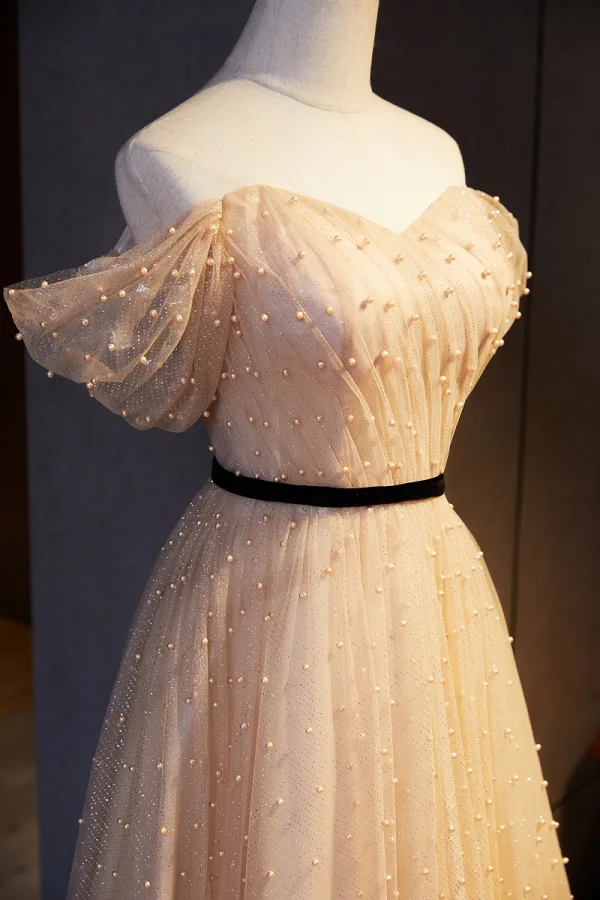 Chic / Beautiful Champagne Prom Dresses 2021 A-Line / Princess Off-The-Shoulder Sash Sequins Pearl Short Sleeve Backless Floor-Length / Long Prom Formal Dresses