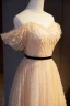 Chic / Beautiful Champagne Prom Dresses 2021 A-Line / Princess Off-The-Shoulder Sash Sequins Pearl Short Sleeve Backless Floor-Length / Long Prom Formal Dresses