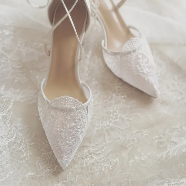 Chic / Belle Blanche Dentelle Fleur Chaussure De Mariée 2021 6 cm Talons Aiguilles À Bout Pointu Mariage Talons Hauts