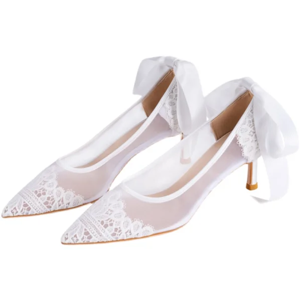 Elegant White Lace Flower Wedding Shoes 2021 Leather Bow 6 cm Stiletto Heels Pointed Toe Wedding Pumps High Heels