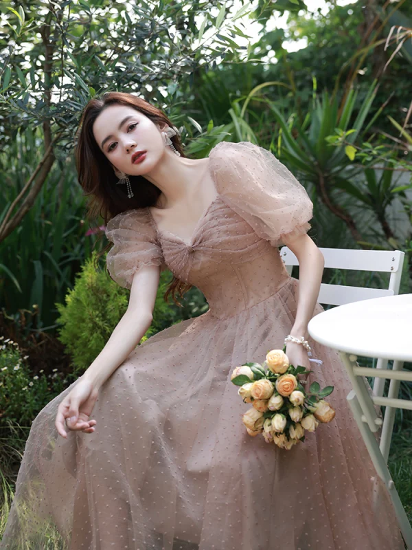 Chic / Belle Rose Sombre de retour Robe De Graduation 2021 Princesse Noeud Encolure Carrée Gonflée Manches Courtes Dos Nu Thé Longueur Robe De Ceremonie