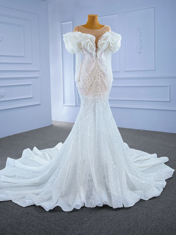 Luxury / Gorgeous Ivory Wedding Dresses 2021 Trumpet / Mermaid Beading Pearl Rhinestone Sequins Scoop Neck Long Sleeve Chapel Train Wedding