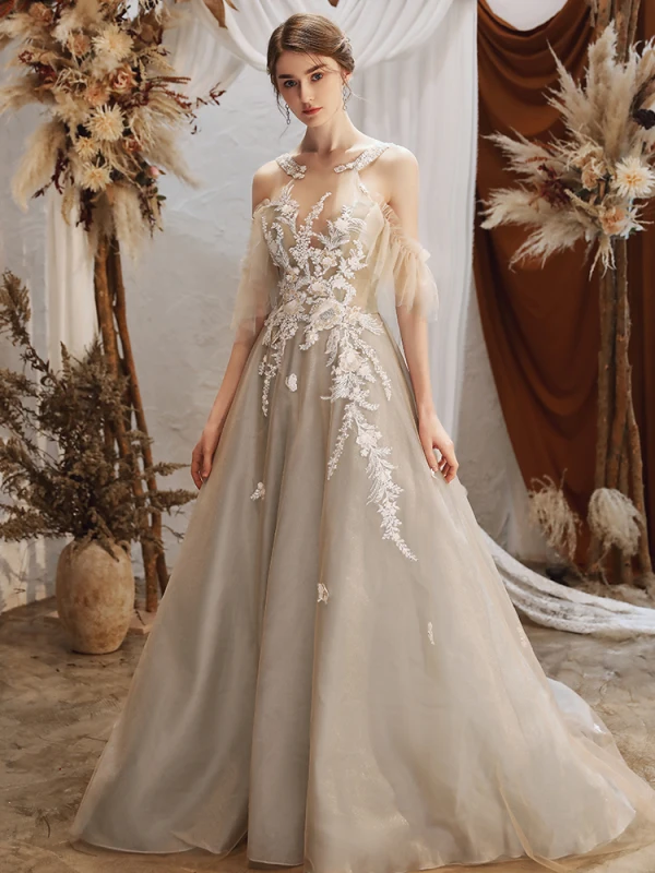 Modern / Fashion Grey Prom Dresses 2021 A-Line / Princess Halter Beading Lace Flower Short Sleeve Backless Sweep Train Prom Formal Dresses