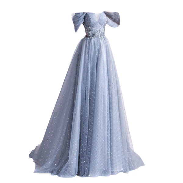 Chic / Belle Gris Robe De Bal 2021 Princesse Encolure Carrée Manches Courtes Dos Nu Perlage Perle En Dentelle Fleur Longue Promo Robe De Ceremonie