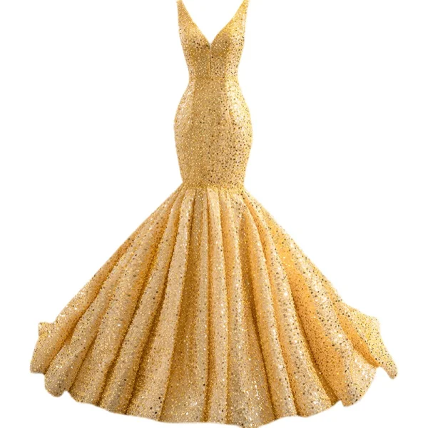 Haut de Gamme Doré Robe De Mariée 2021 Trompette / Sirène V-Cou Perlage Perle Paillettes Sans Manches Dos Nu Train De Balayage Mariage