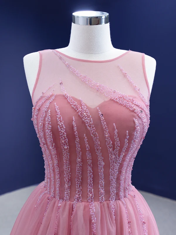 High-end Blushing Pink Beading Prom Dresses 2021 A-Line / Princess Scoop Neck Sleeveless Backless Court Train Prom Formal Dresses
