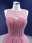 High-end Blushing Pink Beading Prom Dresses 2021 A-Line / Princess Scoop Neck Sleeveless Backless Court Train Prom Formal Dresses