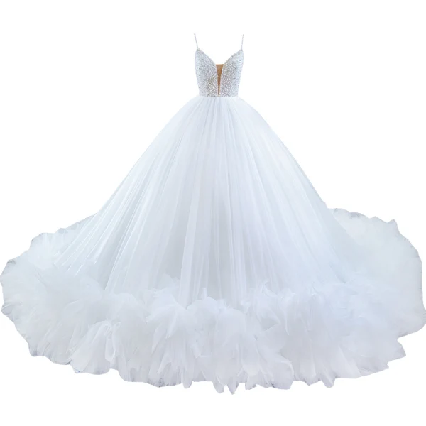 Luxe Blanche Robe De Mariée 2021 Robe Boule Bretelles Spaghetti Perlage Perle Paillettes Sans Manches Dos Nu Royal Train Mariage