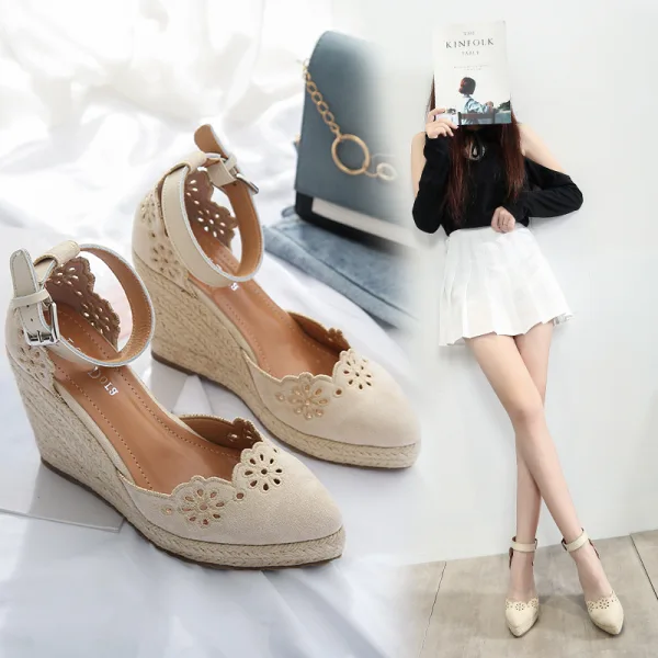 Chic / Beautiful Beige Casual Pierced Flower Womens Shoes 2021 Ankle Strap 10 cm Wedges Pointed Toe Sandals High Heels
