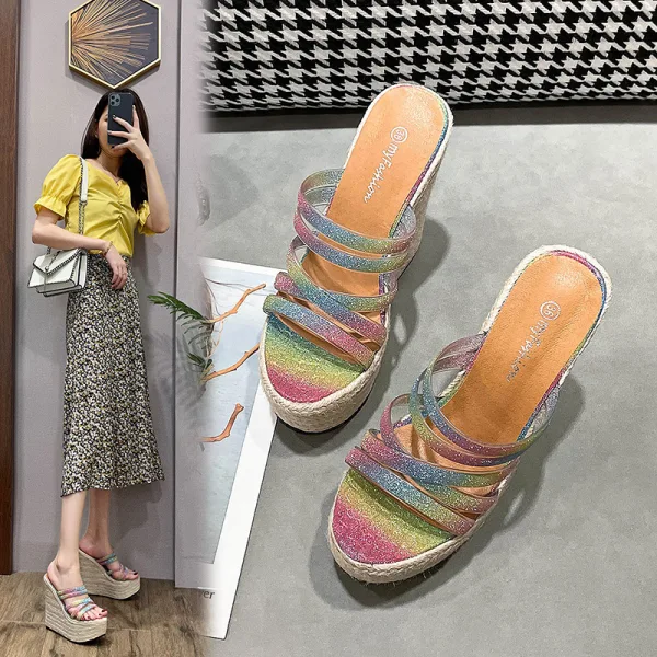 Fashion Multi-Colors Street Wear Braid Womens Sandals 2021 16 cm Platform Wedges Open / Peep Toe Sandals