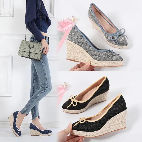Chic / Beautiful Ocean Blue Street Wear Braid Bow Womens Shoes 2021 7 cm Wedges Platform Pointed Toe Sandals