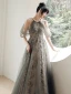 Charmant Gris Perlage Perle Paillettes Robe De Bal 2021 Princesse Titulaire Manches Courtes Dos Nu Longue Promo Robe De Ceremonie