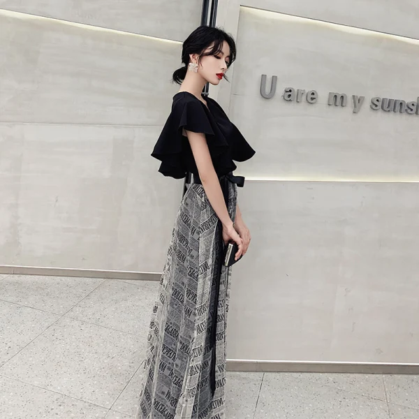 Mode Noire Noeud Robe De Bal 2021 Princesse V-Cou Manches Courtes Longue Promo Robe De Ceremonie