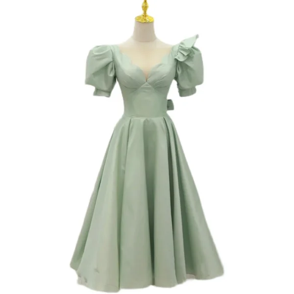 Chic / Beautiful Sage Green Homecoming Satin Graduation Dresses 2021 A-Line / Princess V-Neck Short Sleeve Backless Bow Tea-length Formal Dresses