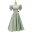 Chic / Beautiful Sage Green Homecoming Satin Graduation Dresses 2021 A-Line / Princess V-Neck Short Sleeve Backless Bow Tea-length Formal Dresses