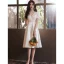 Modest / Simple Ivory Homecoming Satin Graduation Dresses 2021 A-Line / Princess V-Neck Short Sleeve Tea-length Formal Dresses