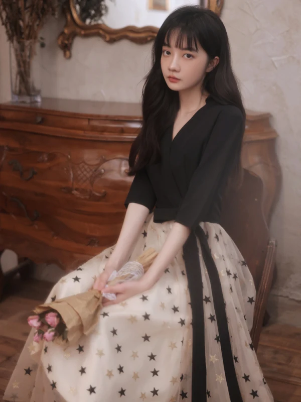Fashion Black Homecoming Star Bow Graduation Dresses 2021 A-Line / Princess V-Neck 1/2 Sleeves Tea-length Formal Dresses