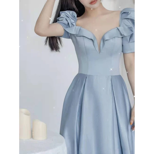 Elegant Sky Blue Satin Prom Dresses 2021 A-Line / Princess Ruffle Square Neckline Short Sleeve Backless Floor-Length / Long Prom Formal Dresses