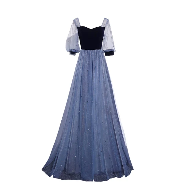 Elegant Ocean Blue Suede Pearl Prom Dresses 2021 A-Line / Princess Square Neckline 1/2 Sleeves Backless Floor-Length / Long Prom Formal Dresses